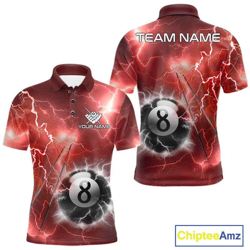 Personalized red thunder lightning 8 ball billiard team jersey polo shirt for men featuring fiery red lightning artwork, premium custom pool team apparel.