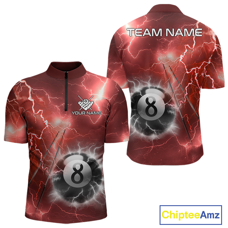 Personalized red thunder lightning 8 ball billiard team jersey quarter zip shirt for men featuring red lightning 8 ball graphics.