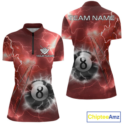 Personalized red thunder lightning 8 ball billiard team jersey quarter zip shirt for women featuring red lightning 8 ball graphics.