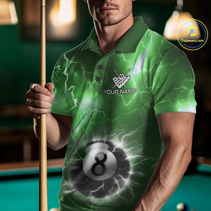 Man wearing personalized green thunder lightning 8 ball billiard team jersey polo shirt, front view.