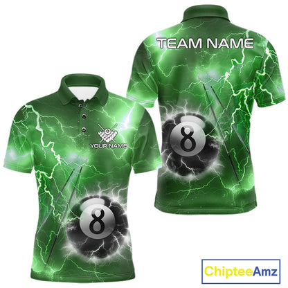 Personalized green thunder lightning 8 ball billiard team jersey polo shirt for men featuring electric green lightning artwork, premium custom pool team apparel.