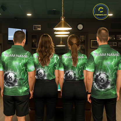 Billiard team wearing matching personalized green thunder lightning 8 ball pool team jerseys, front view.