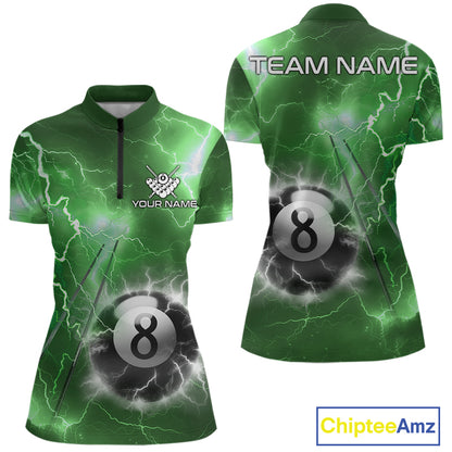 Personalized green thunder lightning 8 ball billiard team jersey quarter zip shirt for women featuring green lightning 8 ball graphics.