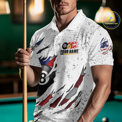 Man wearing white grunge American flag 8 ball and 9 ball billiard team jersey polo shirt, front view.