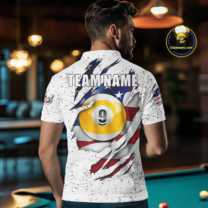 Man wearing white grunge American flag 8 ball and 9 ball billiard team jersey polo shirt, back view.