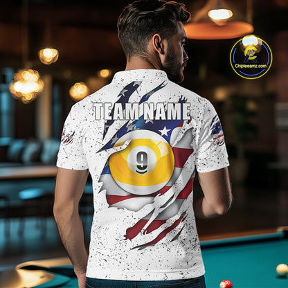 Man wearing white grunge American flag 8 ball and 9 ball billiard team jersey polo shirt, back view.