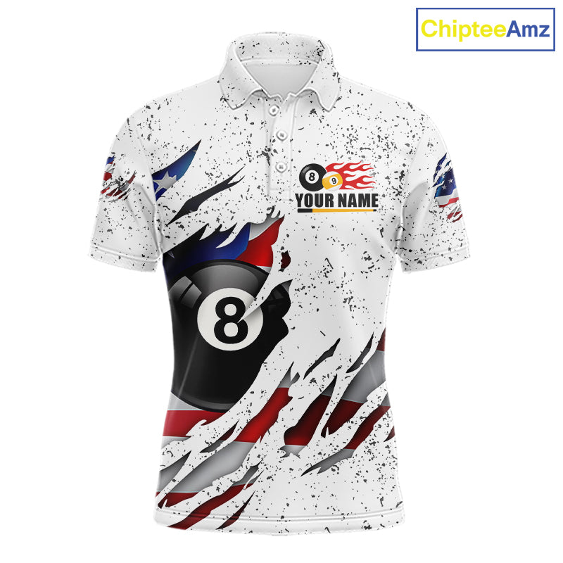 White grunge American flag 8 ball and 9 ball billiard team jersey polo shirt for men featuring patriotic USA artwork, premium custom pool team apparel.