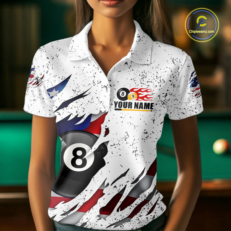 Woman wearing white grunge American flag 8 ball and 9 ball billiard team jersey polo shirt, front view.