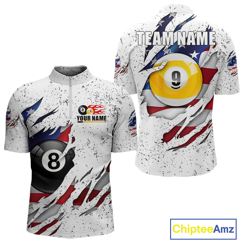 White grunge American flag 8 ball and 9 ball billiard team jersey quarter zip shirt for men featuring patriotic 8 ball and 9 ball graphics.