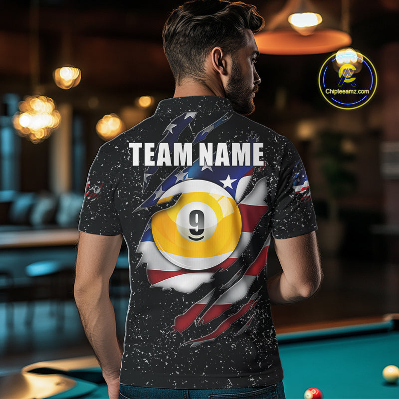 Man wearing black grunge American flag 8 ball and 9 ball billiard team jersey polo shirt, back view.