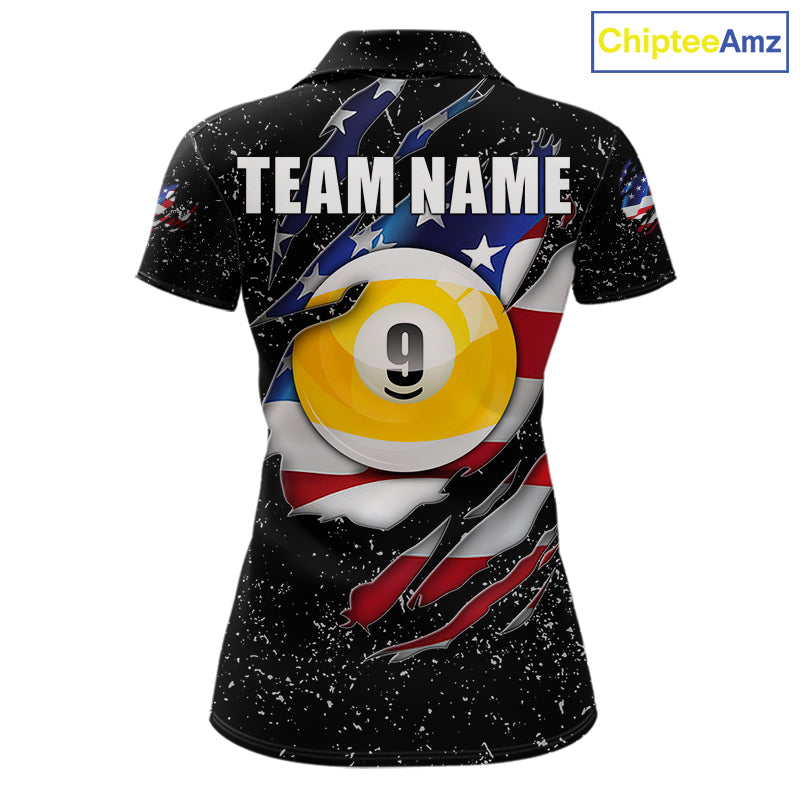 Black grunge American flag 8 ball and 9 ball billiard team jersey polo shirt for women featuring patriotic USA artwork, premium custom pool team apparel.