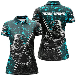 Personalized Cyan Abstract Death Skeleton Women Billiard Shirts, Halloween Scary Billiard Jerseys TDM2760