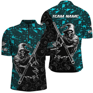 Personalized Cyan Abstract Death Skeleton Men Billiard Shirts, Halloween Scary Billiard Jerseys TDM2760