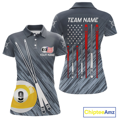 Personalized Billiard US Flag 9 Ball Pool Shirt For Women, Billiard Team Jersey Polo & 1/4 Zip TDM5218