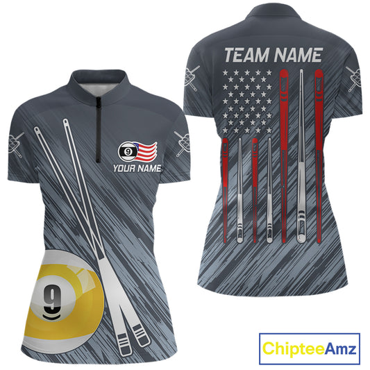 Personalized Billiard US Flag 9 Ball Pool Shirt For Women, Billiard Team Jersey Polo & 1/4 Zip TDM5218