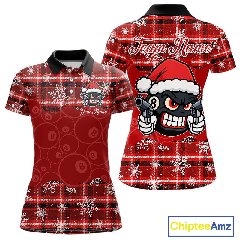 Funny Santa 8 Ball Pool Women's Billiard Shirt Custom Red Plaid Snowflake Christmas Billiard Jersey TDM5223