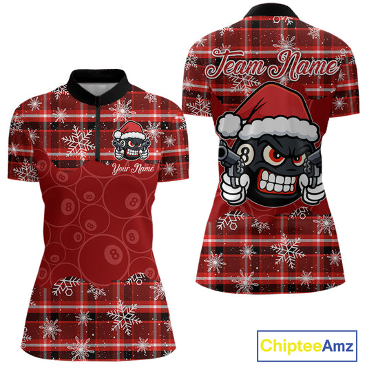 Funny Santa 8 Ball Pool Women's Billiard Shirt Custom Red Plaid Snowflake Christmas Billiard Jersey TDM5223