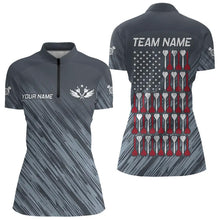 Load image into Gallery viewer, American Flag Grey Grunge Darts Polo &amp; Quarter Zip Custom Dart Shirts For Women Patriotic Dart Jersey TDM3587