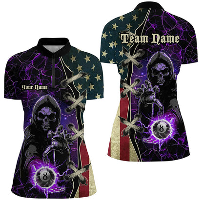 Purple Grim Reaper Lightning US Flag Billiard Shirts For Women, Patriotic Team League Pool Jerseys TDM1836