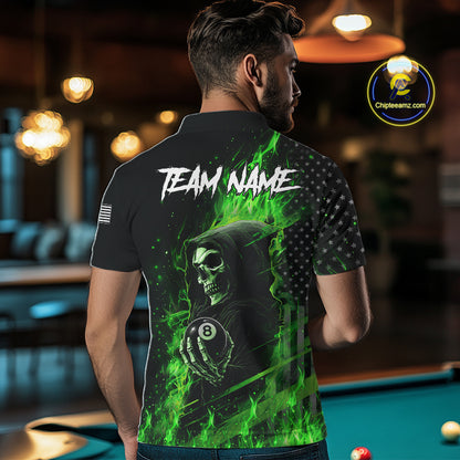 Man Wearing Green Flaming Grim Reaper US Flag 8 Ball Custom Pool Team Jersey Featuring the Complete Rear Graphic Design, Back View