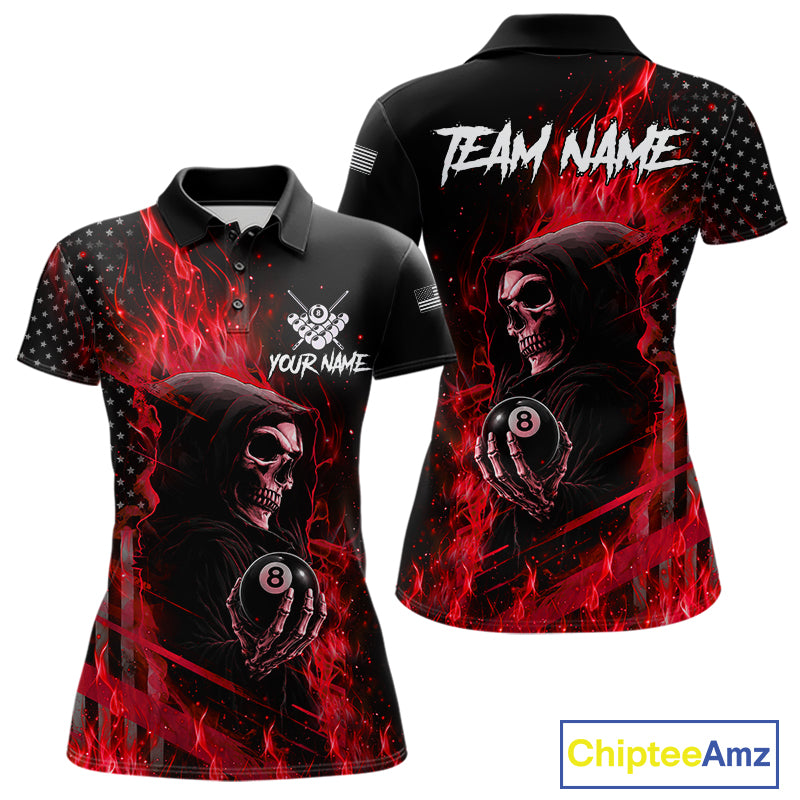 Custom Red Flaming Grim Reaper US Flag 8 Ball Pool Polo Shirt Designed for Personalized Women's Billiard Team Jerseys and Tournament Play
