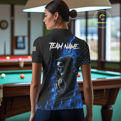 Woman Wearing Blue Flaming Grim Reaper US Flag 8 Ball Custom Pool Team Jersey Featuring the Complete Rear Graphic Design, Back View