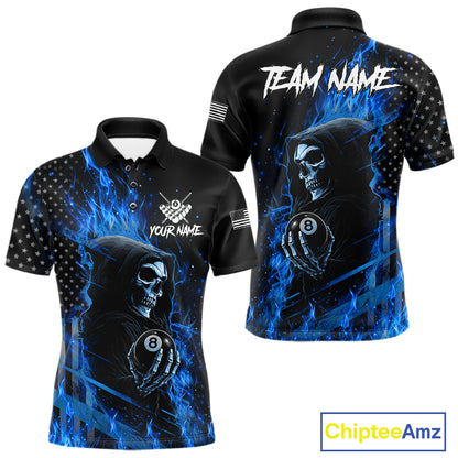 Custom Blue Flaming Grim Reaper US Flag 8 Ball Pool Polo Shirt Designed for Personalized Billiard Team Jerseys and League Tournaments