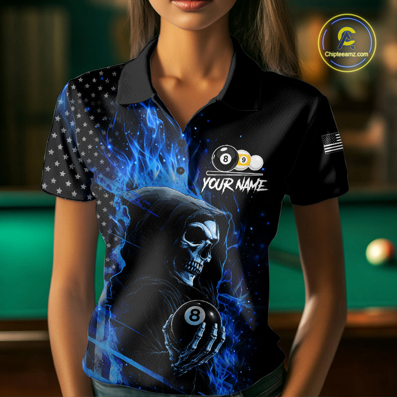 Woman Wearing Blue Flame 8 Ball and 9 Ball Grim Reaper US Flag Personalized Billiard Polo Shirt with Athletic Fit and Patriotic Artwork, Front View