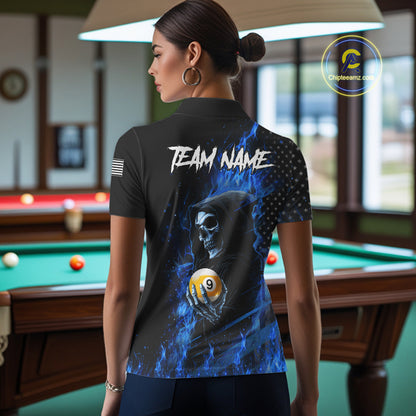 Woman Wearing Blue Flame 8 Ball and 9 Ball Grim Reaper US Flag Custom Pool Team Jersey Featuring the Complete Rear Graphic Design, Back View