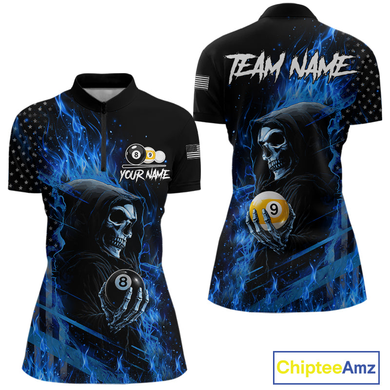 Blue Flame 8 Ball and 9 Ball Grim Reaper US Flag Quarter Zip Billiard Shirt with Custom Women's Pool League Team Design and Athletic Performance