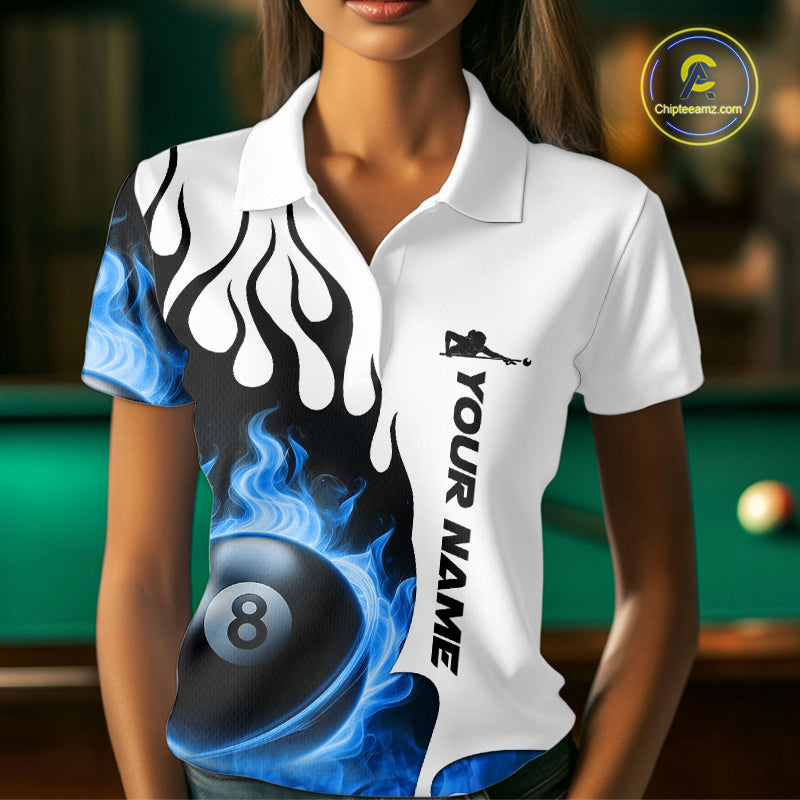 Personalized Blue 8 Ball Fire Flame Women's Billiard Shirt Custom Pool Team Jersey Polo & 1/4 Zip TDM5230