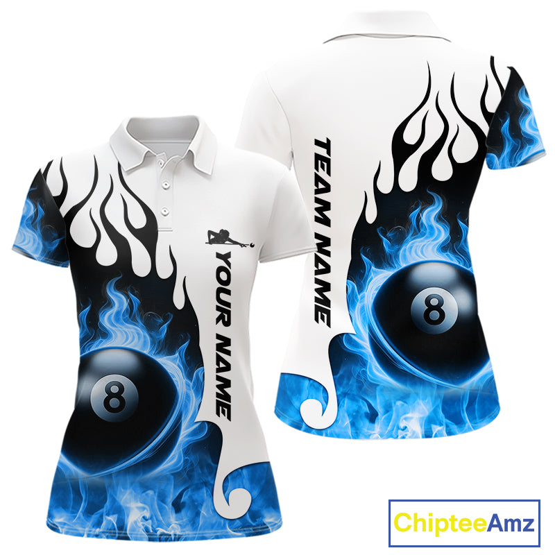 Personalized Blue 8 Ball Fire Flame Women's Billiard Shirt Custom Pool Team Jersey Polo & 1/4 Zip TDM5230