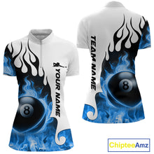 Load image into Gallery viewer, Personalized Blue 8 Ball Fire Flame Women&#39;s Billiard Shirt Custom Pool Team Jersey Polo &amp; 1/4 Zip TDM5230