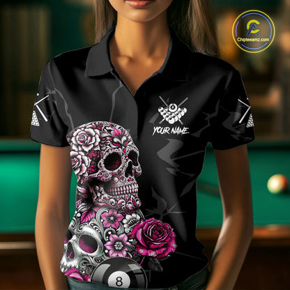 Personalized Pink 8 Ball Skull Roses Billiard Shirt For Women Custom Valentine Billiard Gifts TDM5750
