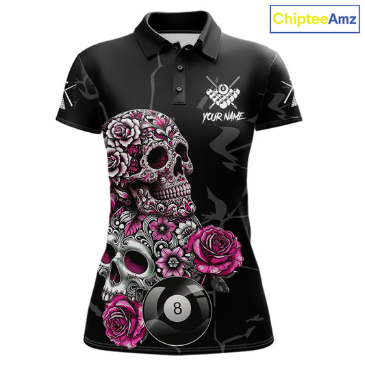 Personalized Pink 8 Ball Skull Roses Billiard Shirt For Women Custom Valentine Billiard Gifts TDM5750