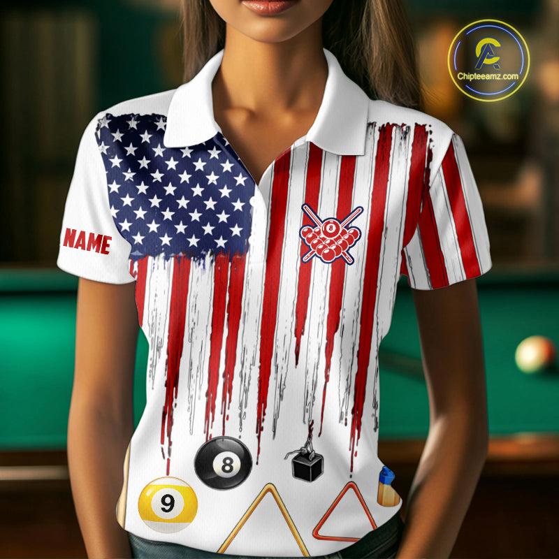 American Flag Billiard Shirt For Women Custom Patriotic Pool Team Jersey Polo & 1/4 Zip |White TDM5753
