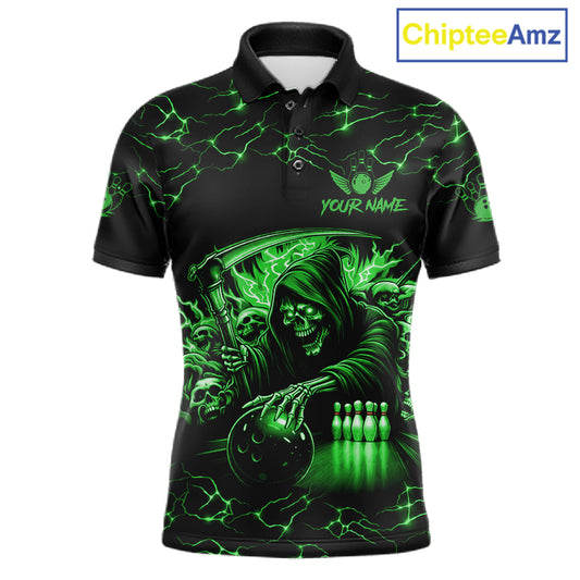 Custom Green Grim Reaper Lightning Bowling Shirt For Men, Skull Bowling Jersey Team Polo & 1/4 Zip TDM5952