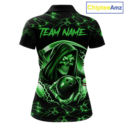 Custom Green Grim Reaper Lightning Bowling Shirt For Women, Skull Bowling Jersey Team Polo & 1/4 Zip TDM5952