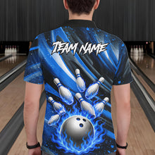 Load image into Gallery viewer, Custom Blue Flaming Silver Bowling Jersey For Men, Bowling League Team Shirts Polo &amp; Quarter Zip TDM6549