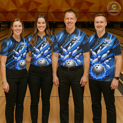Custom Blue Flaming Silver Bowling Jersey For Men, Bowling League Team Shirts Polo & Quarter Zip TDM6549