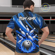 Load image into Gallery viewer, Custom Blue Flaming Silver Bowling Jersey For Men, Bowling League Team Shirts Polo &amp; Quarter Zip TDM6549