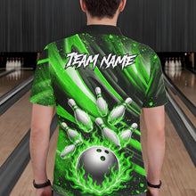 Load image into Gallery viewer, Custom Green Flaming Silver Bowling Jersey For Men, Bowling League Team Shirts Polo &amp; Quarter Zip TDM6551
