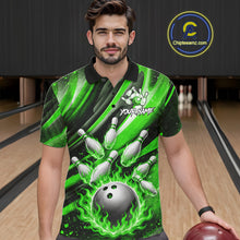 Load image into Gallery viewer, Custom Green Flaming Silver Bowling Jersey For Men, Bowling League Team Shirts Polo &amp; Quarter Zip TDM6551