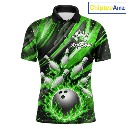 Custom Green Flaming Silver Bowling Jersey For Men, Bowling League Team Shirts Polo & Quarter Zip TDM6551