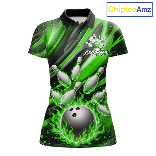 Custom Green Flaming Silver Bowling Jersey For Women, Bowling League Team Shirts Polo & Quarter Zip TDM6551
