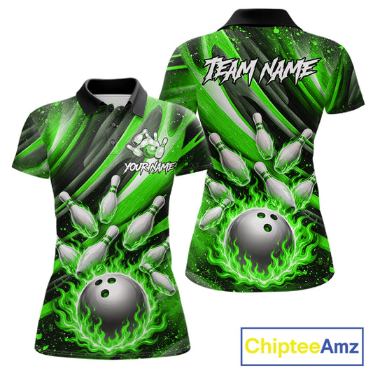Custom Green Flaming Silver Bowling Jersey For Women, Bowling League Team Shirts Polo & Quarter Zip TDM6551