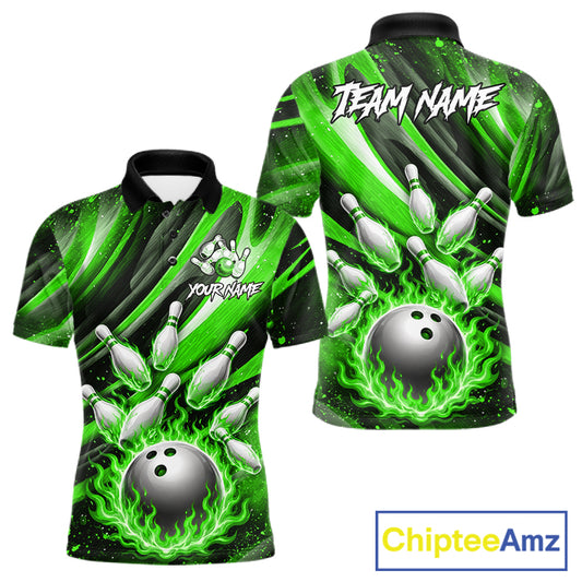 Custom Green Flaming Silver Bowling Jersey For Men, Bowling League Team Shirts Polo & Quarter Zip TDM6551