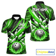 Load image into Gallery viewer, Custom Green Flaming Silver Bowling Jersey For Men, Bowling League Team Shirts Polo &amp; Quarter Zip TDM6551