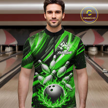 Load image into Gallery viewer, Custom Green Flaming Silver Bowling Jersey For Men, Bowling League Team Shirts Polo &amp; Quarter Zip TDM6551