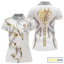 Load image into Gallery viewer, White and gold dartboard crown darts polo shirt for women with custom darts team graphics.